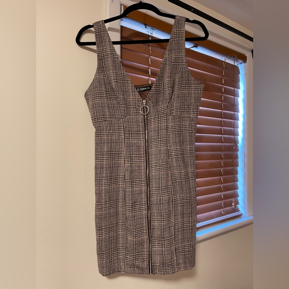 Shein Mini Tank Dress Tunic Zip Sleeveless Brown Houndstooth Twead L